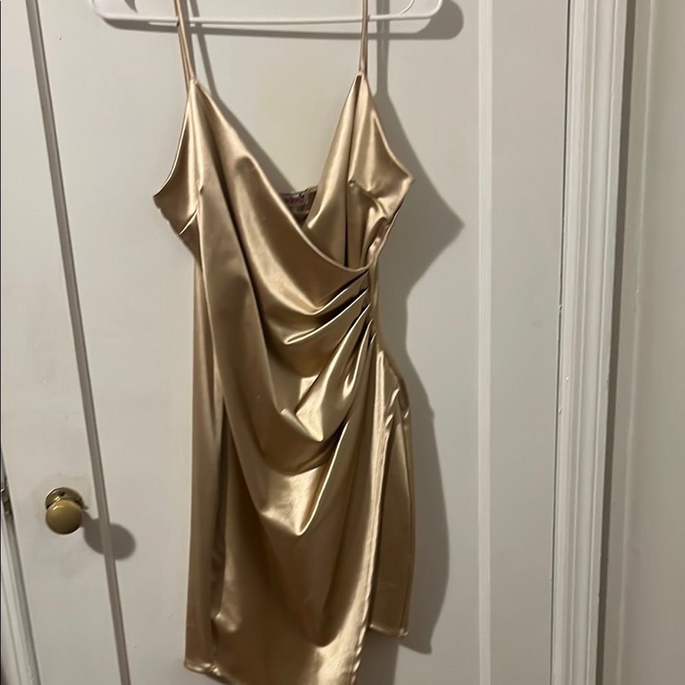 Gold Pleated Wrap Slip Dress